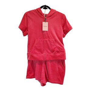 NWT JUICY COUTURE SZ M Hot Pink Watermelon Velour Hoodie & Shorts Tracksuit Set